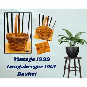 1999 Vintage Handmade Wood Longaberger 2-Color, Woven Basket with Handle Decor